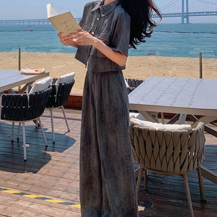 デニムセットアップ リゾート風ワイドシルエット上下セット