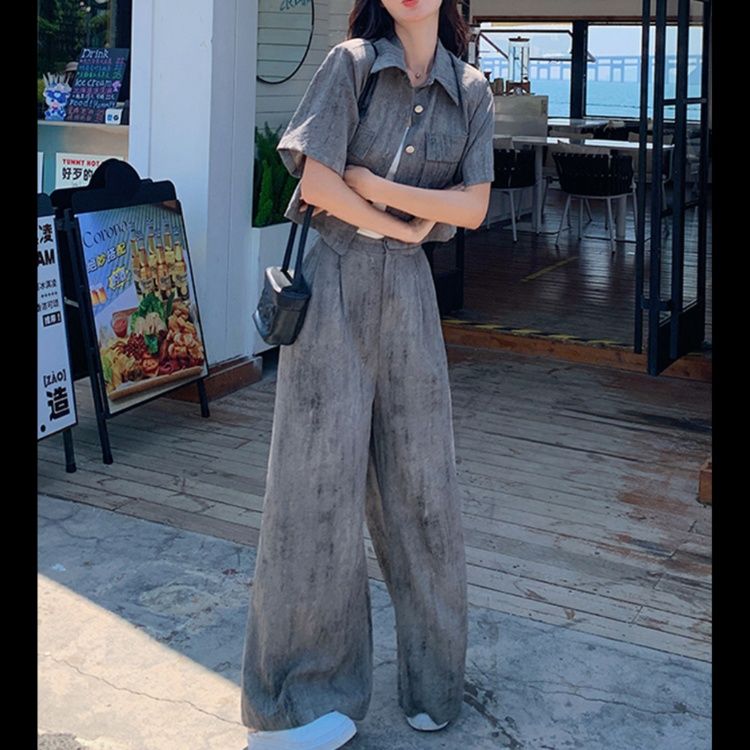 デニムセットアップ リゾート風ワイドシルエット上下セット