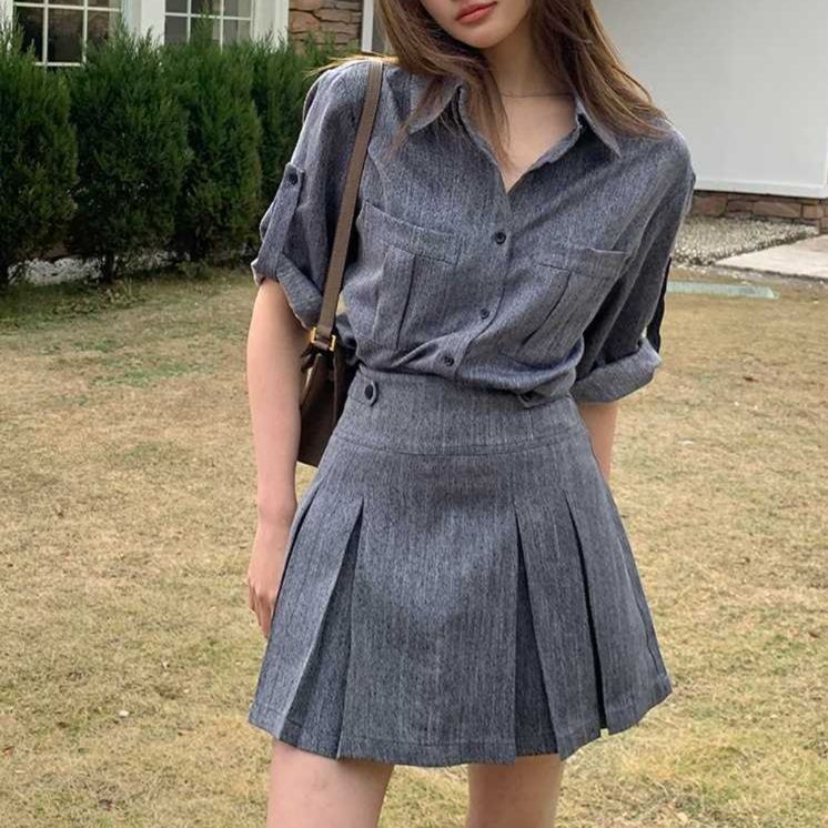 デニムセットアップ 優雅なプリーツミニセット