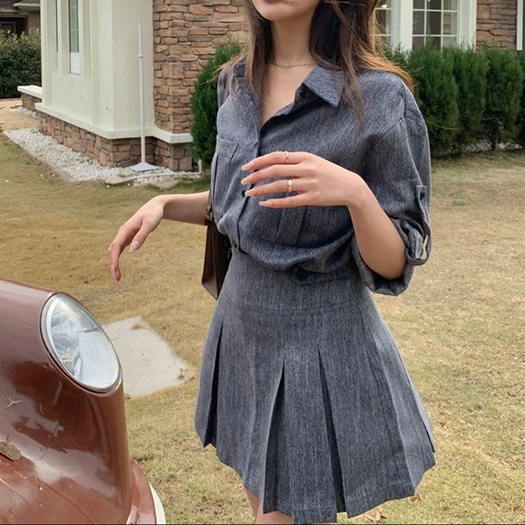 デニムセットアップ 優雅なプリーツミニセット