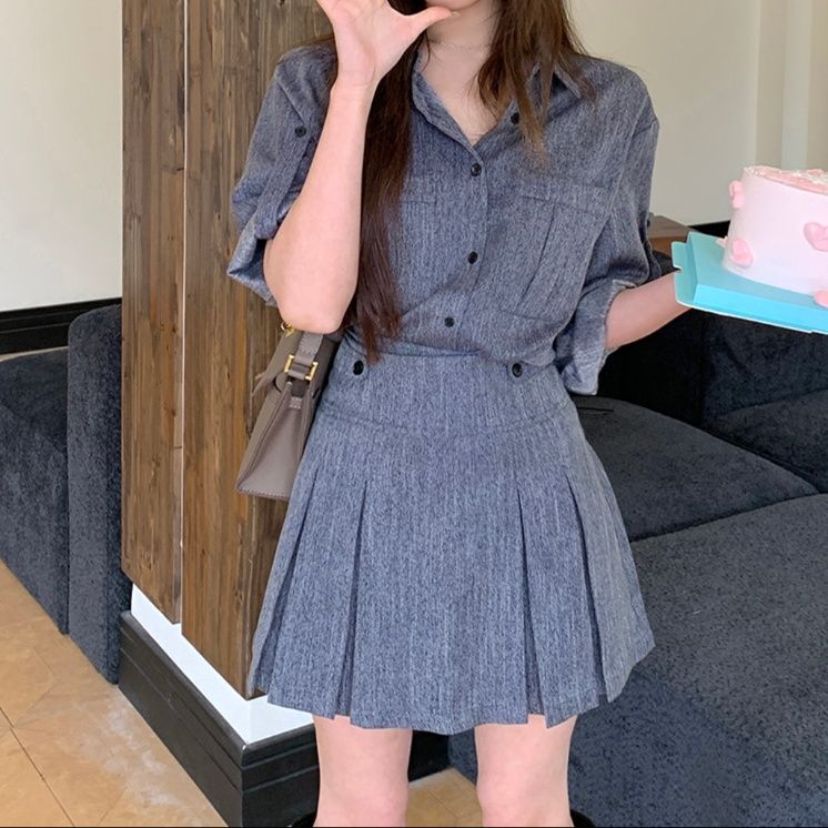 デニムセットアップ 優雅なプリーツミニセット