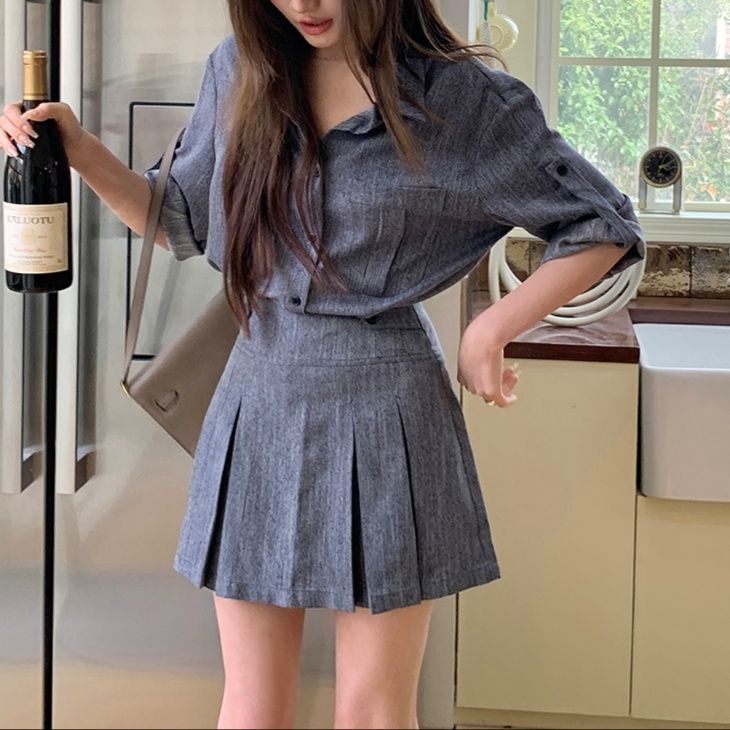 デニムセットアップ 優雅なプリーツミニセット