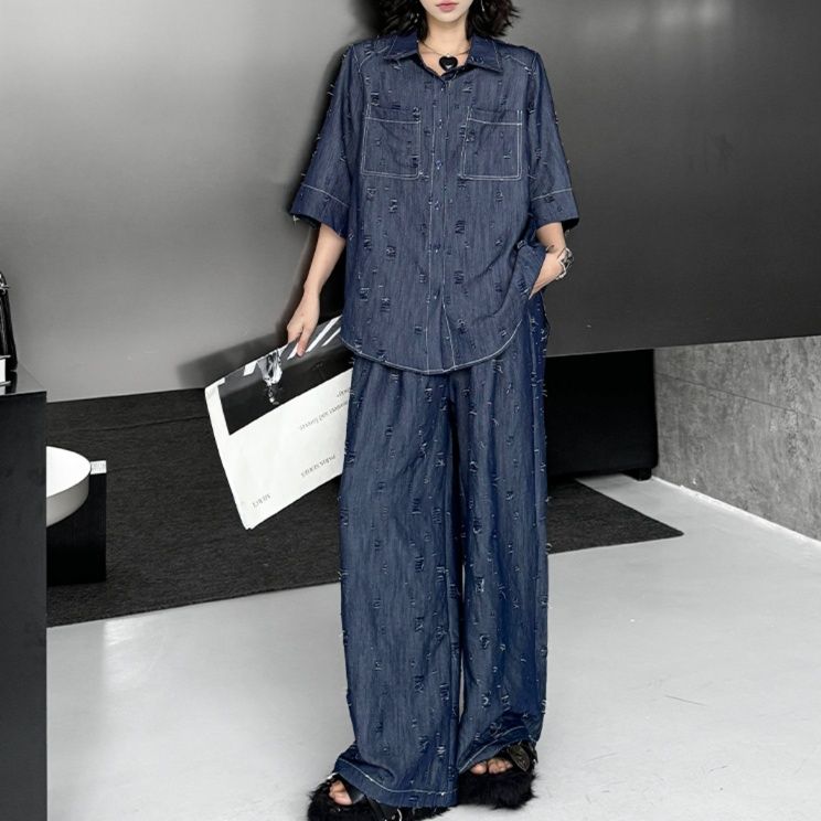 デニムセットアップ ダメージ加工ゆったりセットアップ