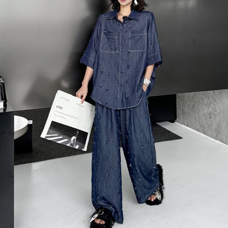 デニムセットアップ ダメージ加工ゆったりセットアップ