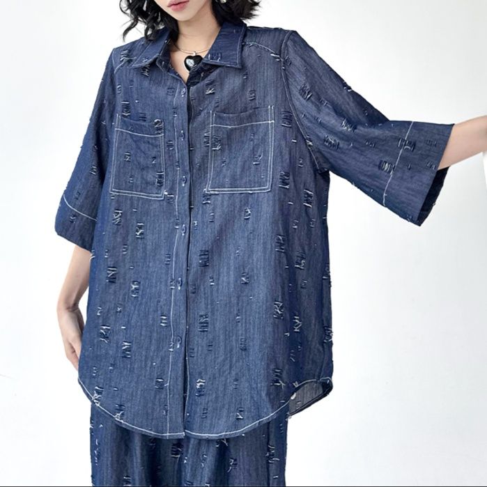 デニムセットアップ ダメージ加工ゆったりセットアップ