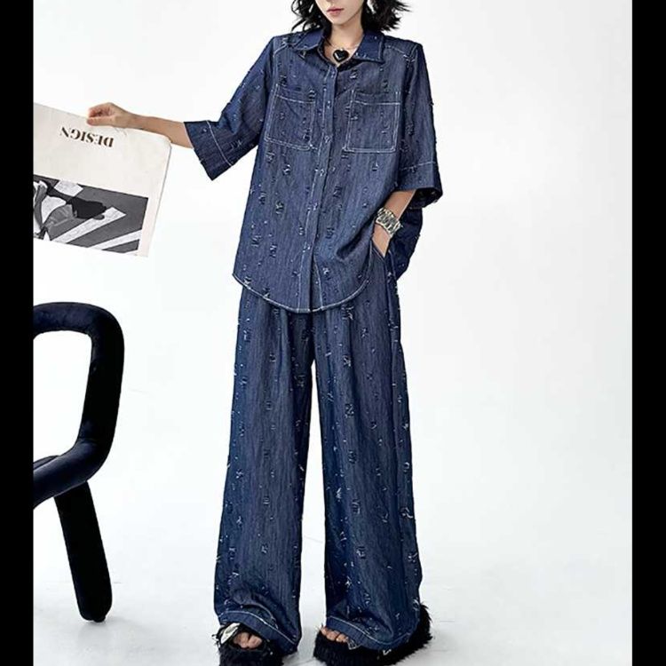 デニムセットアップ ダメージ加工ゆったりセットアップ