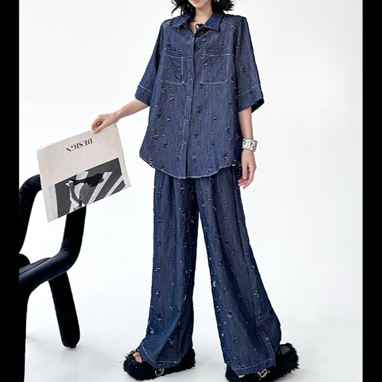 デニムセットアップ ダメージ加工ゆったりセットアップ