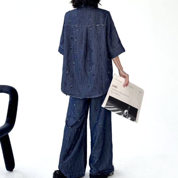 デニムセットアップ ダメージ加工ゆったりセットアップ