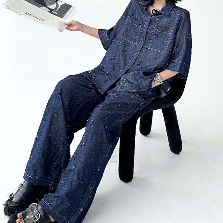 デニムセットアップ ダメージ加工ゆったりセットアップ