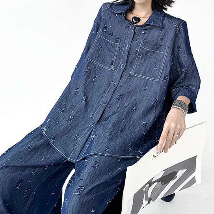 デニムセットアップ ダメージ加工ゆったりセットアップ
