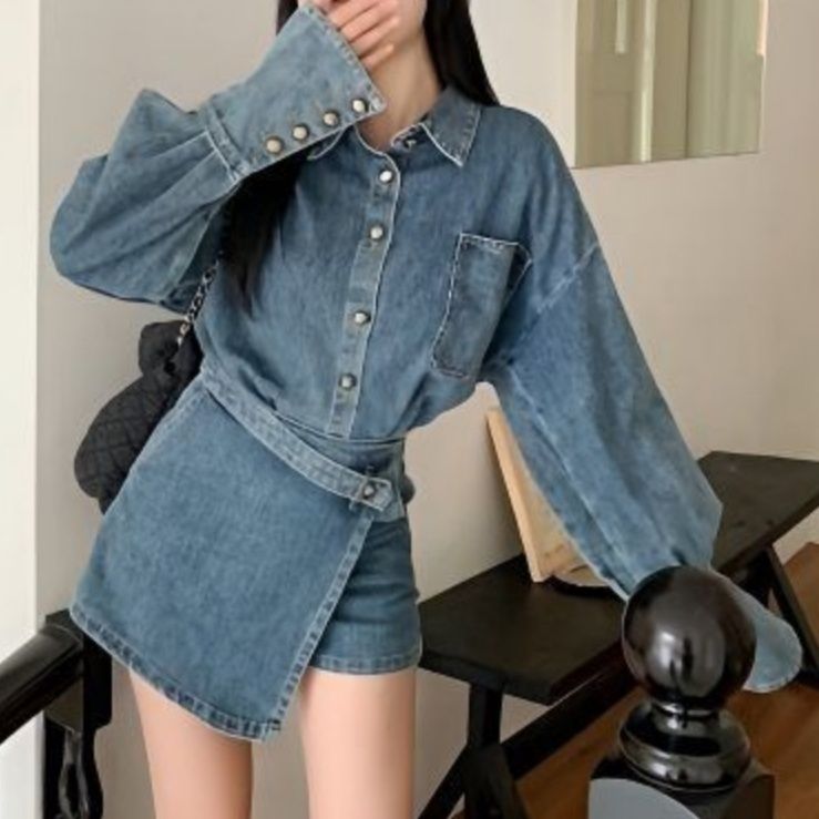 デニムセットアップ ゆったりデニムシャツラップデザインパンツセット