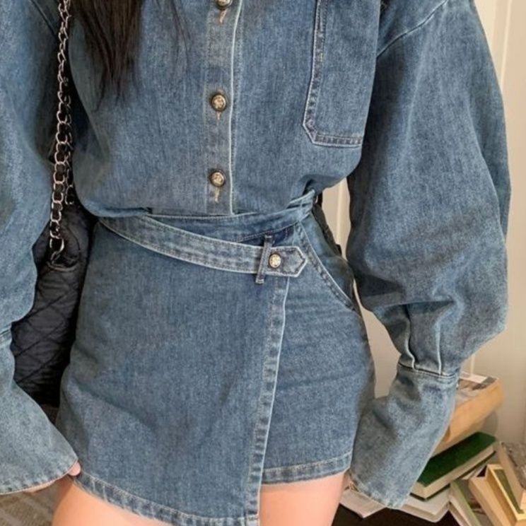 デニムセットアップ ゆったりデニムシャツラップデザインパンツセット