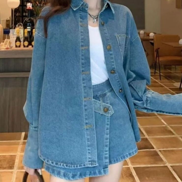 デニムセットアップ ゆったりデニムシャツラップデザインパンツセット