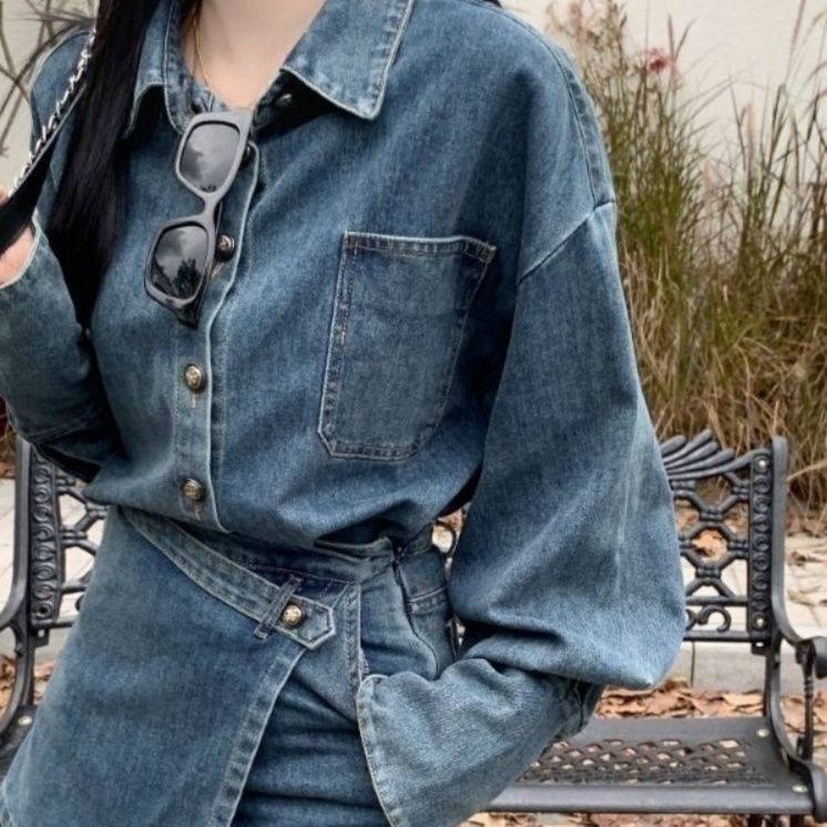 デニムセットアップ ゆったりデニムシャツラップデザインパンツセット