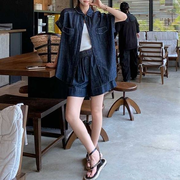 デニムセットアップ リゾート風ゆったりデニム上下セット