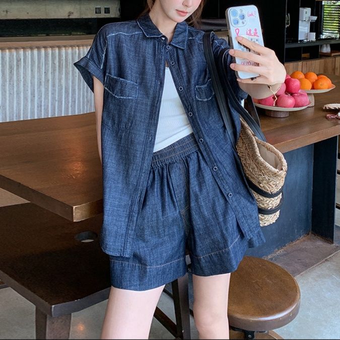 デニムセットアップ リゾート風ゆったりデニム上下セット