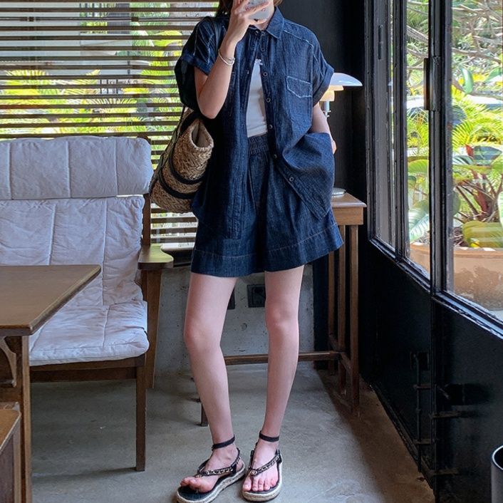 デニムセットアップ リゾート風ゆったりデニム上下セット