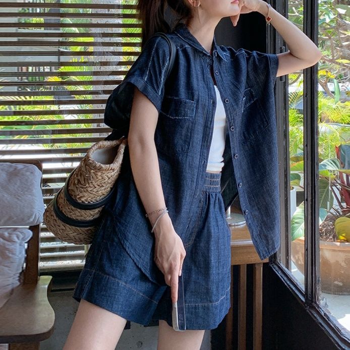 デニムセットアップ リゾート風ゆったりデニム上下セット