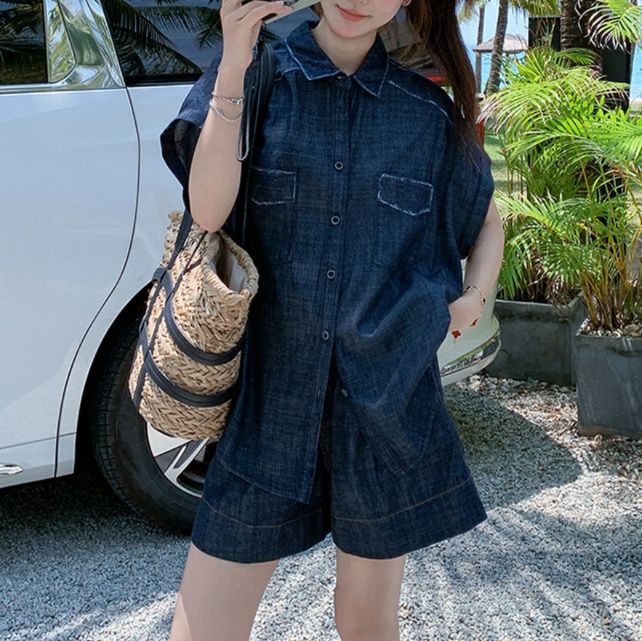 デニムセットアップ リゾート風ゆったりデニム上下セット