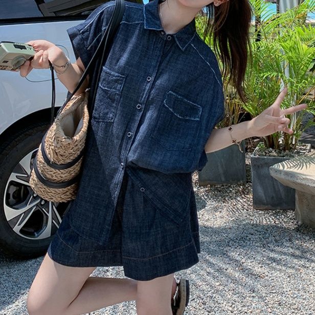 デニムセットアップ リゾート風ゆったりデニム上下セット