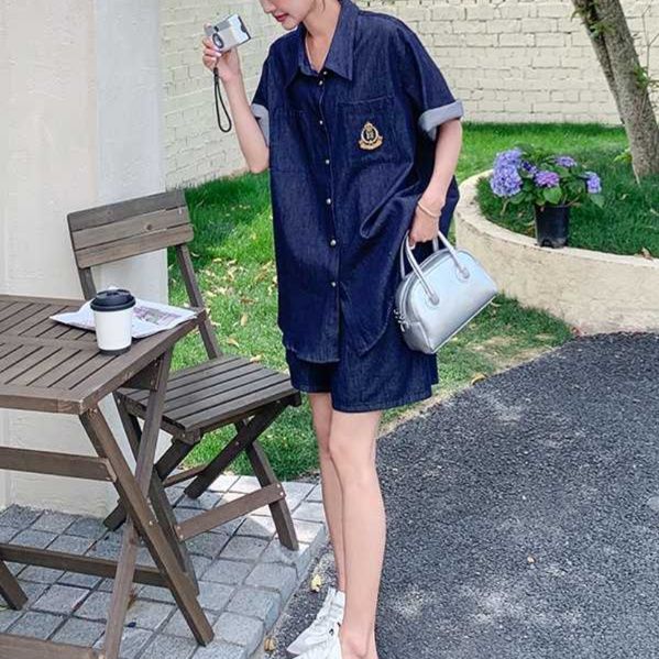 デニムセットアップ クラシック刺繍入り半袖セットアップ