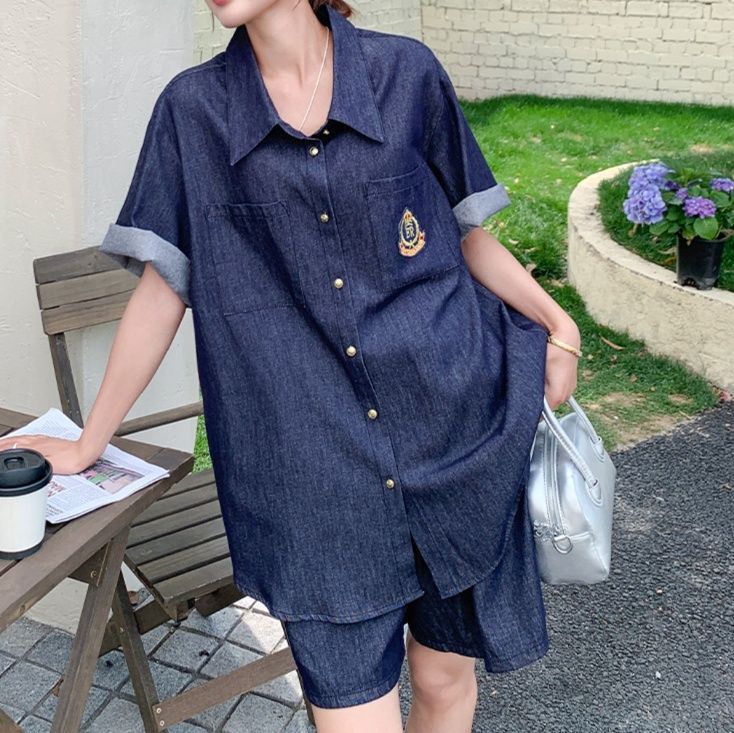 デニムセットアップ クラシック刺繍入り半袖セットアップ