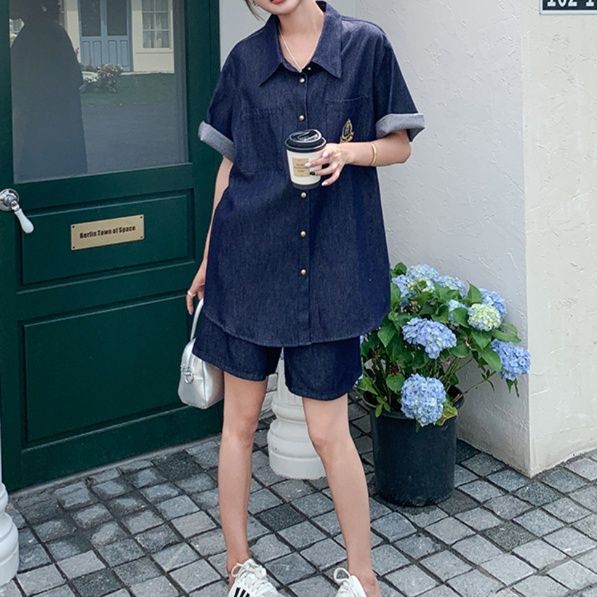 デニムセットアップ クラシック刺繍入り半袖セットアップ