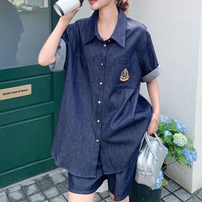 デニムセットアップ クラシック刺繍入り半袖セットアップ