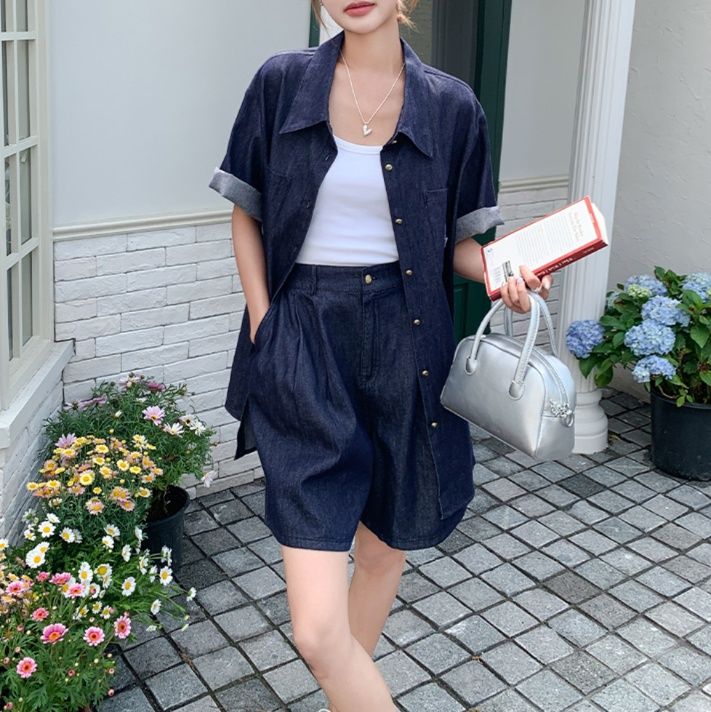 デニムセットアップ クラシック刺繍入り半袖セットアップ