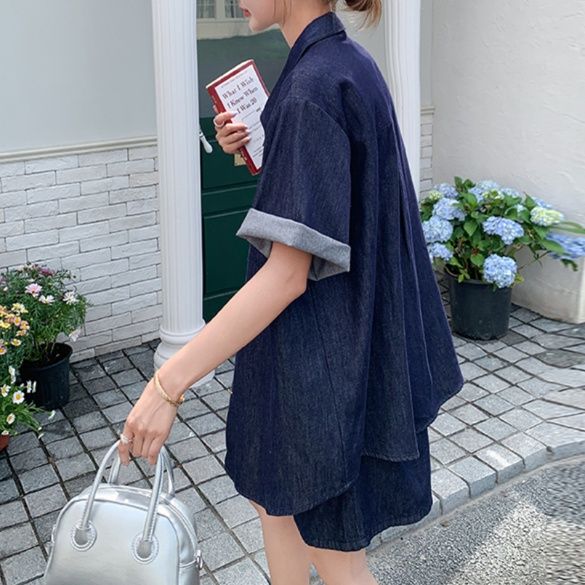 デニムセットアップ クラシック刺繍入り半袖セットアップ