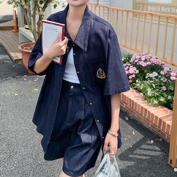 デニムセットアップ クラシック刺繍入り半袖セットアップ