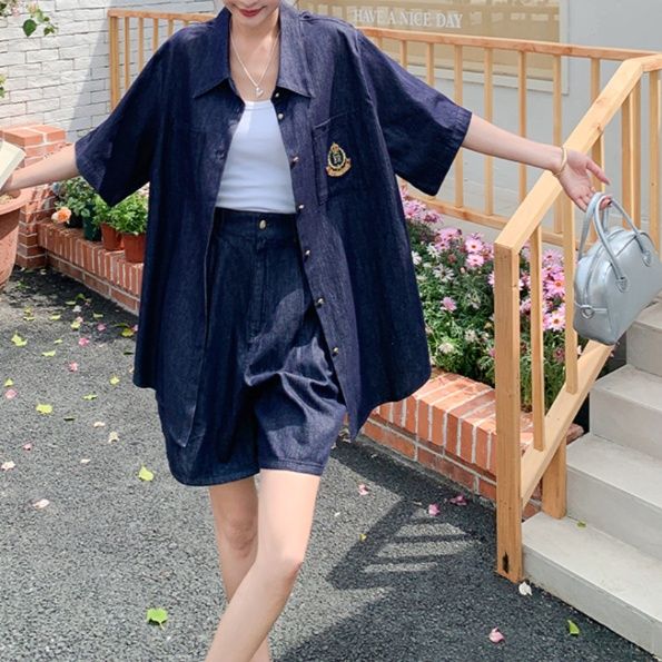 デニムセットアップ クラシック刺繍入り半袖セットアップ