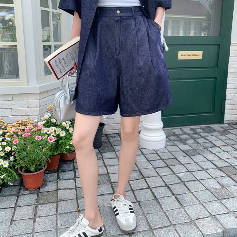 デニムセットアップ クラシック刺繍入り半袖セットアップ