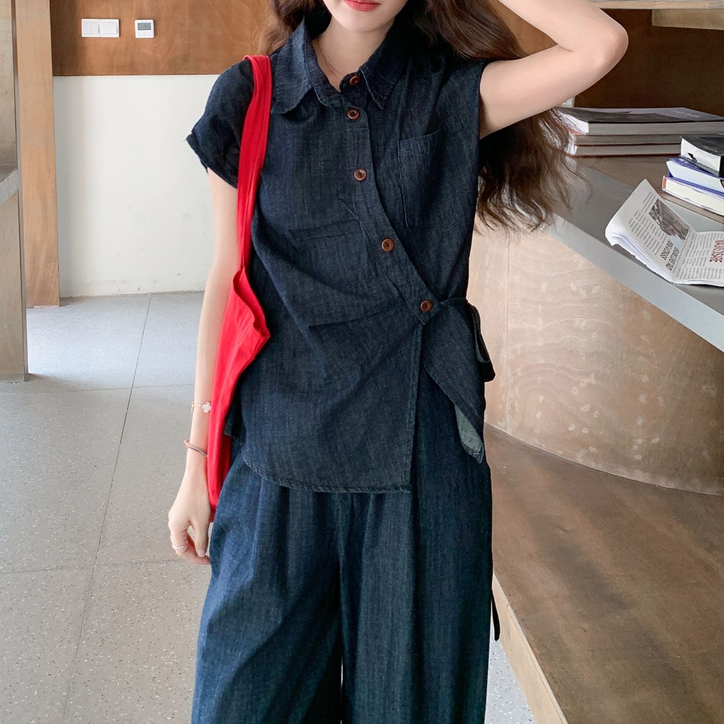 デニムセットアップ 涼やかサイドタイデニムシャツセットアップ