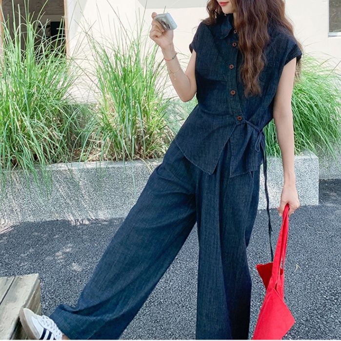 デニムセットアップ 涼やかサイドタイデニムシャツセットアップ