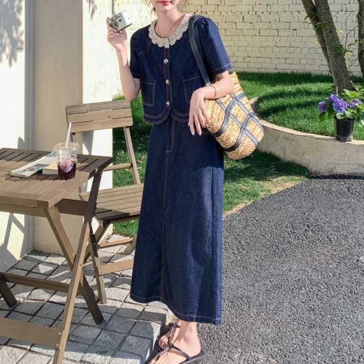 デニムセットアップ 上品華やか レース装飾半袖ジャケット ロングスカートセット