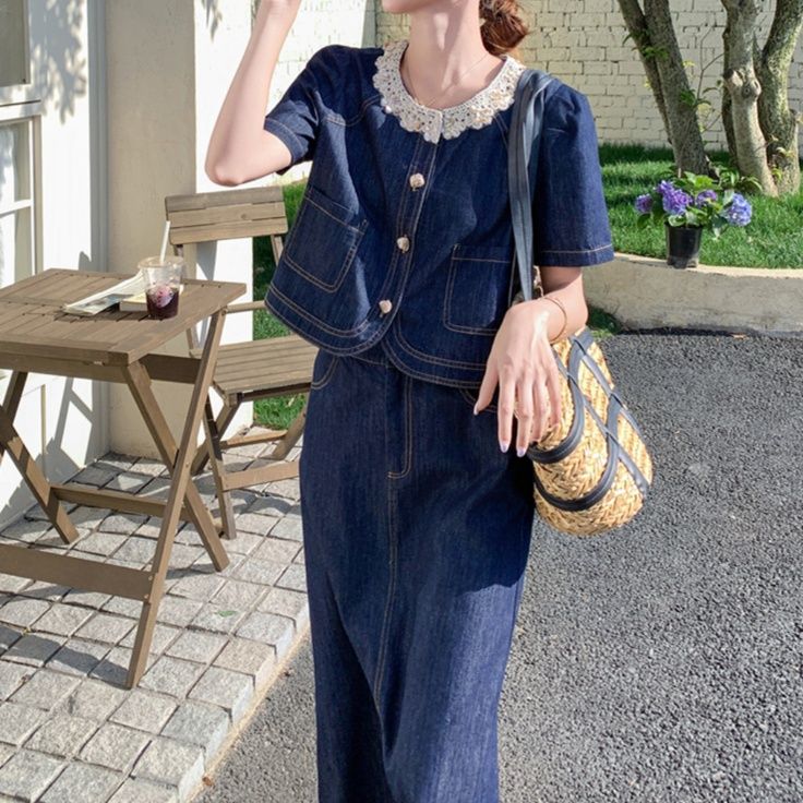 デニムセットアップ 上品華やか レース装飾半袖ジャケット ロングスカートセット