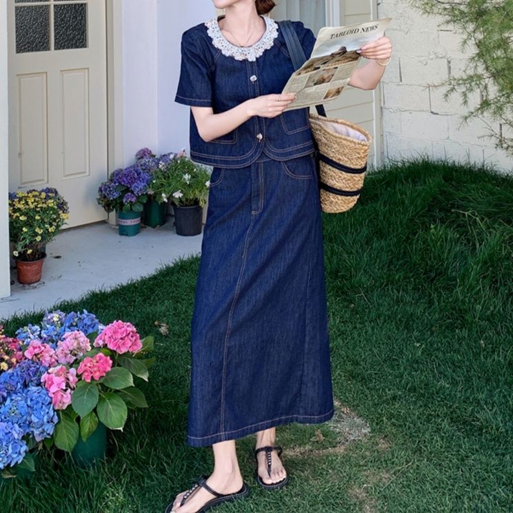 デニムセットアップ 上品華やか レース装飾半袖ジャケット ロングスカートセット