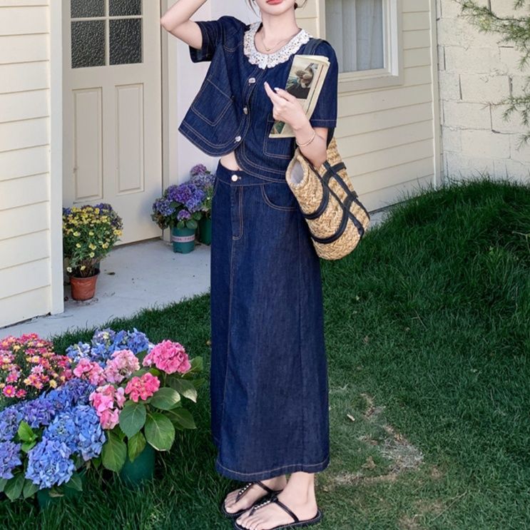 デニムセットアップ 上品華やか レース装飾半袖ジャケット ロングスカートセット