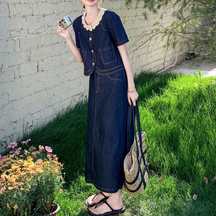 デニムセットアップ 上品華やか レース装飾半袖ジャケット ロングスカートセット