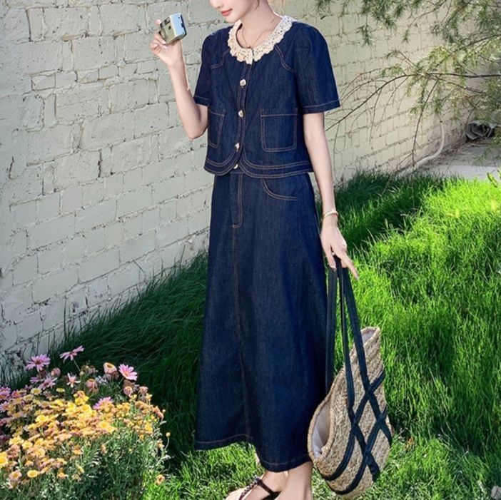 デニムセットアップ 上品華やか レース装飾半袖ジャケット ロングスカートセット