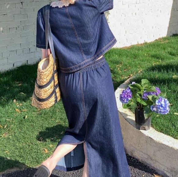 デニムセットアップ 上品華やか レース装飾半袖ジャケット ロングスカートセット