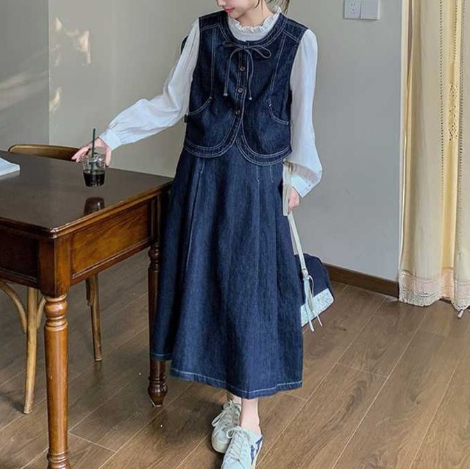デニムセットアップ レトロ調ベスト ロングスカートセット