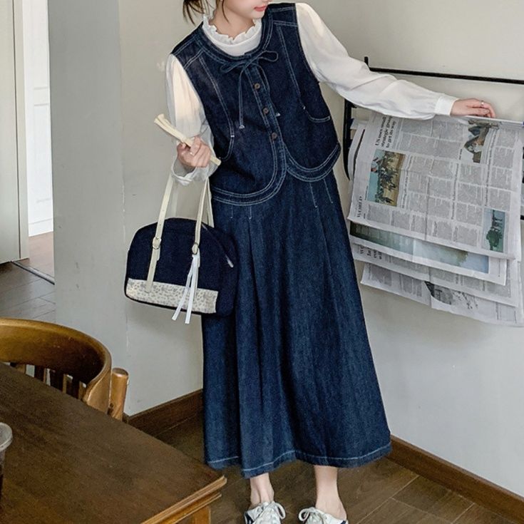 デニムセットアップ レトロ調ベスト ロングスカートセット