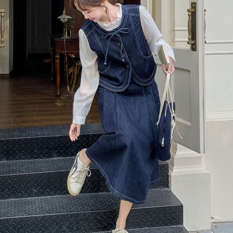 デニムセットアップ レトロ調ベスト ロングスカートセット