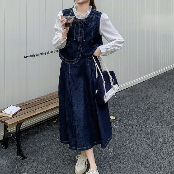 デニムセットアップ レトロ調ベスト ロングスカートセット