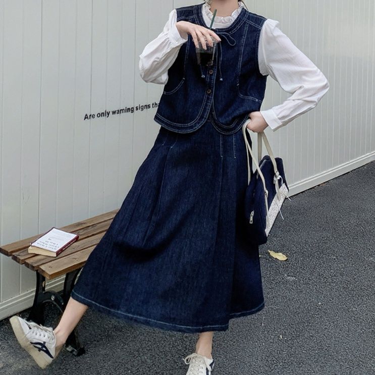 デニムセットアップ レトロ調ベスト ロングスカートセット