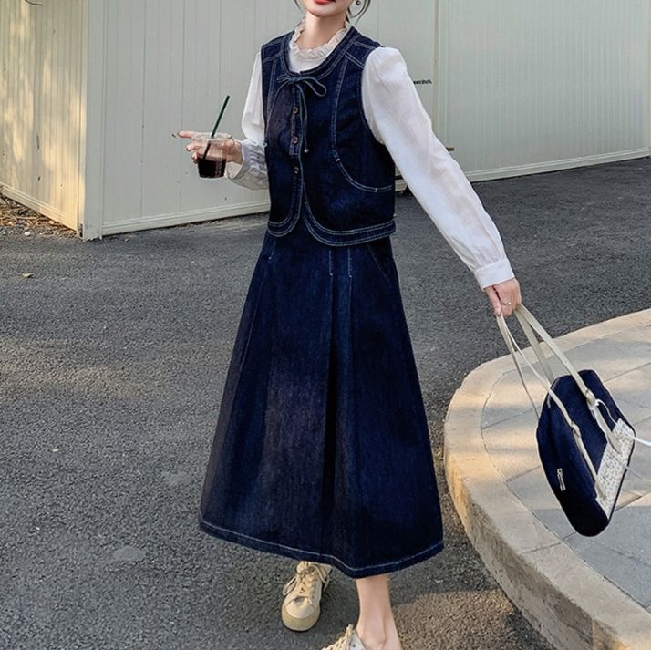 デニムセットアップ レトロ調ベスト ロングスカートセット