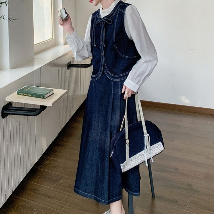 デニムセットアップ レトロ調ベスト ロングスカートセット