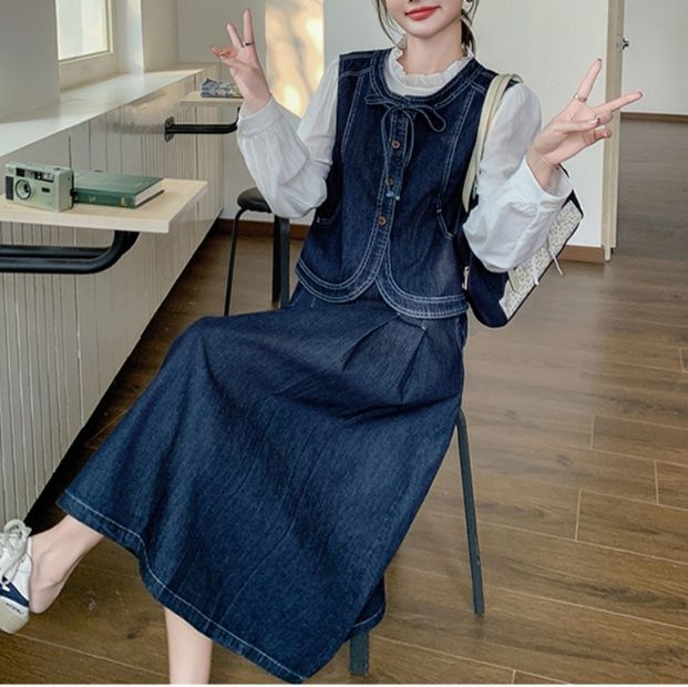 デニムセットアップ レトロ調ベスト ロングスカートセット